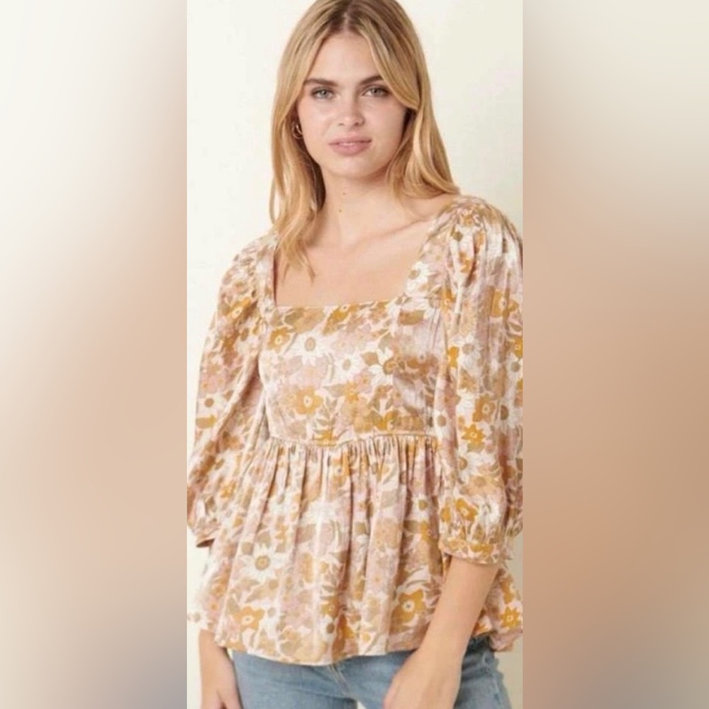 Storia Womens Top Floral Puff Sleeve Square Neck Cotton Babydoll Milkmaid